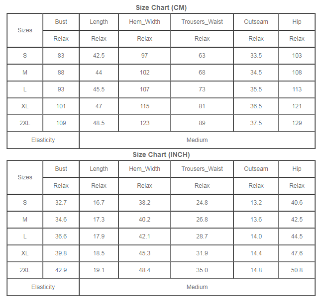 Women's loungewear and pajama set size chart with measurements in cm and inches, including bust, waist, hip, outseam, and hem width for sizes S to 2XL