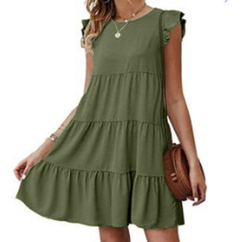 Flowy Cap Sleeve Shift Dress – Round Neck, Tiered Design (S–L)
