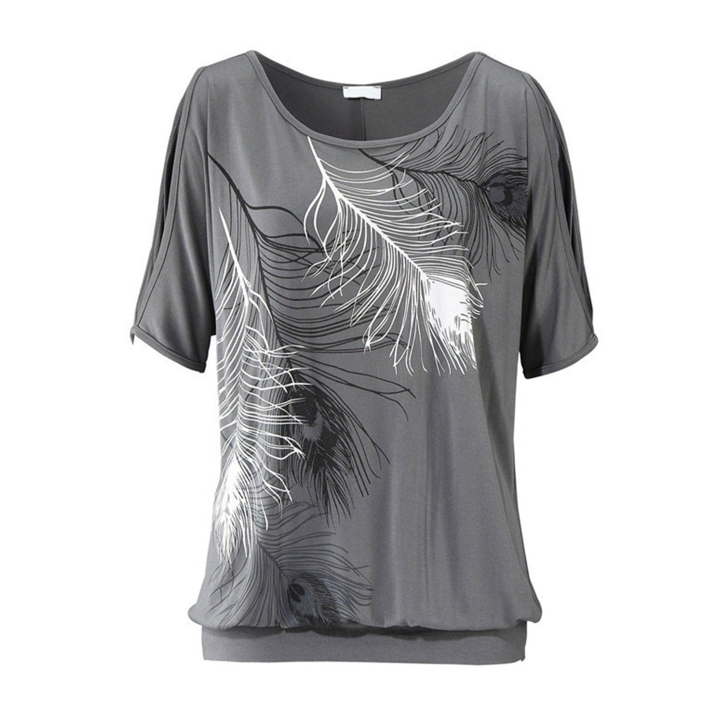 Women's charcoal grey cold shoulder top with elegant white and black feather print, perfect for casual summer or beachwear.