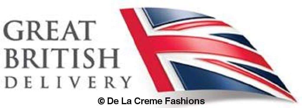 Graphic featuring the phrase “Great British Delivery” with a stylized Union Jack flag, highlighting UK-based shipping and service by De La Creme Fashions.