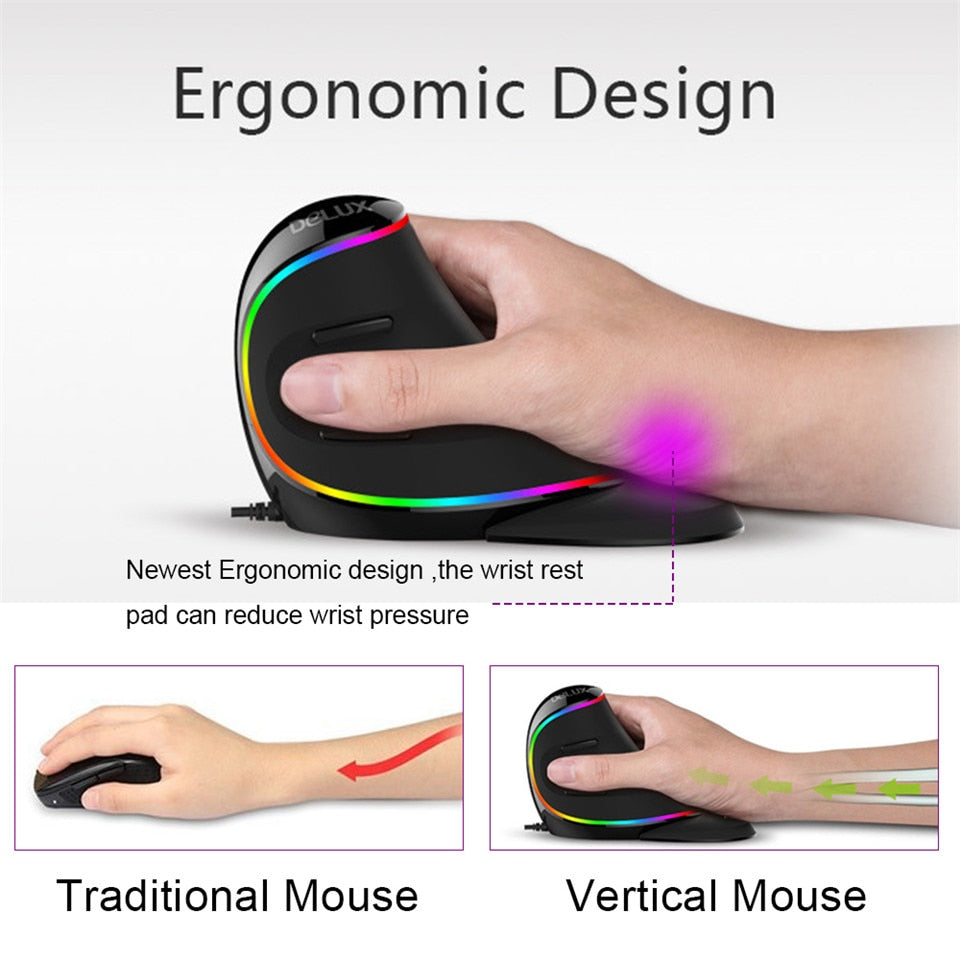 Vertical RGB Ergonomic Wired Mouse – Multi-DPI with LED Light (USB, Right-Handed)