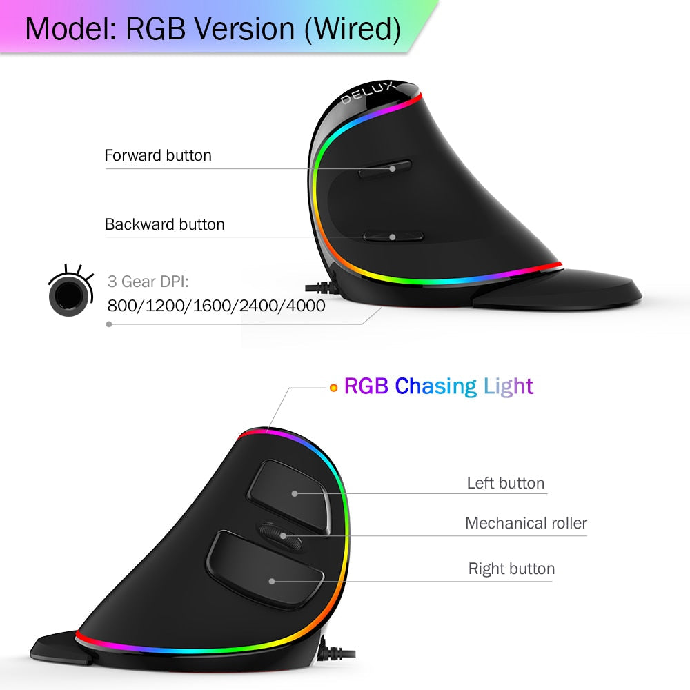 Vertical RGB Ergonomic Wired Mouse – Multi-DPI with LED Light (USB, Right-Handed)