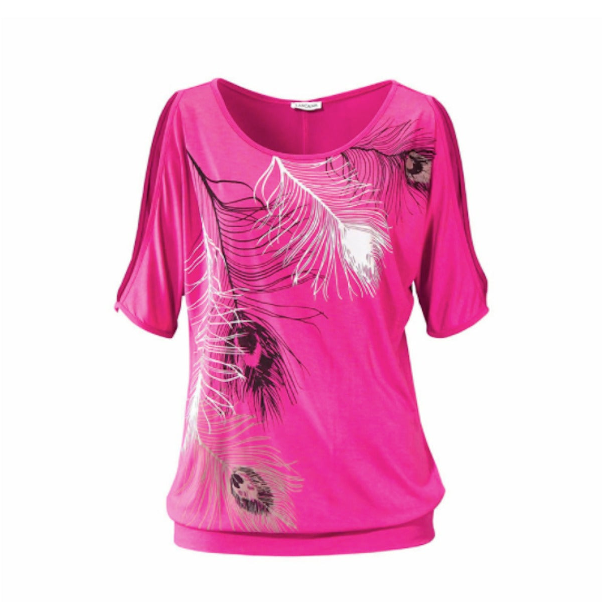 Vibrant hot pink women's cold shoulder top featuring a bold white and black feather print design, ideal for summer fashion.