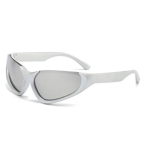 Futuristic white wraparound sunglasses with reflective silver lenses and aerodynamic frame, unisex Y2K style eyewear for fashion-forward streetwear looks.