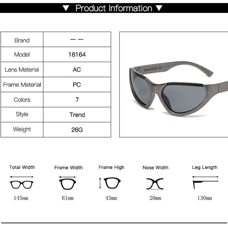 Wraparound sunglasses with a sleek PC frame and durable AC lenses. Lightweight at just 26g. Model 18164 – stylish, sporty, and available in 7 colors.