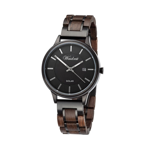 Waidzeit Mystic Solar Watch for men with dark wood and stainless steel link strap, black dial, and date display – eco-friendly, solar-powered wristwatch.
