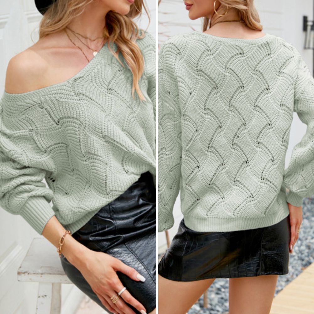 Front and back views of a sage green off-shoulder knit sweater with a wavy open-stitch texture and balloon sleeves, styled with a black faux leather skirt—offering both elegance and comfort in one look.