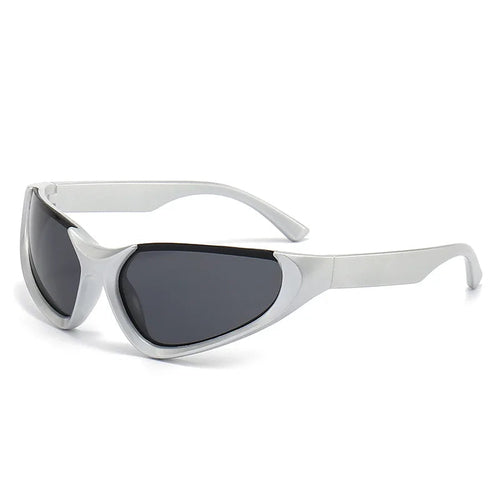 Futuristic white wraparound sunglasses with black lenses and a sculpted frame design, displayed against a clean white background.