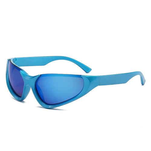 Electric blue wraparound sunglasses with mirrored blue lenses, Y2K retro shield-style eyewear for fashion-forward streetwear and summer looks.