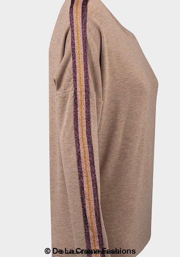Side profile of a taupe women’s long sleeve top featuring a relaxed fit and multicolour glitter side stripe in purple, gold, and silver tones running down the sleeve. A casual yet eye-catching piece from De La Creme Fashions.