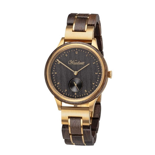 Waidzeit men's luxury wristwatch featuring a dark wood dial, gold-tone stainless steel case, and walnut wood link strap.