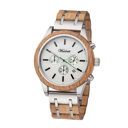 Waidzeit men’s chronograph watch with silver dial, oak wood bezel, and hybrid stainless steel and wood strap, featuring green hands and subdials for a refined natural look.