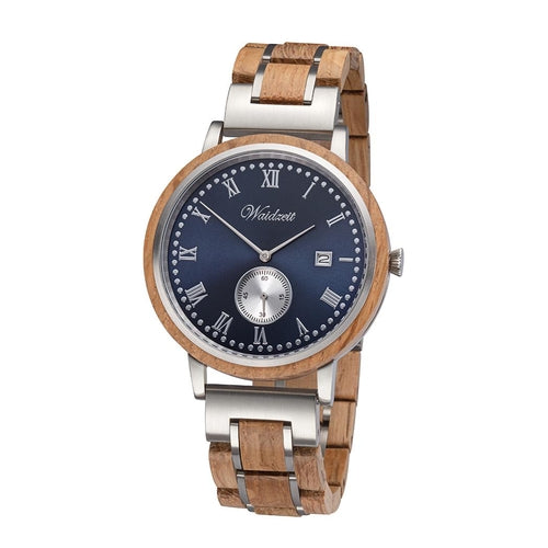 Waidzeit Whisky Edition men's wristwatch featuring a navy blue dial with Roman numerals, date display, and a handcrafted wooden and stainless steel strap.