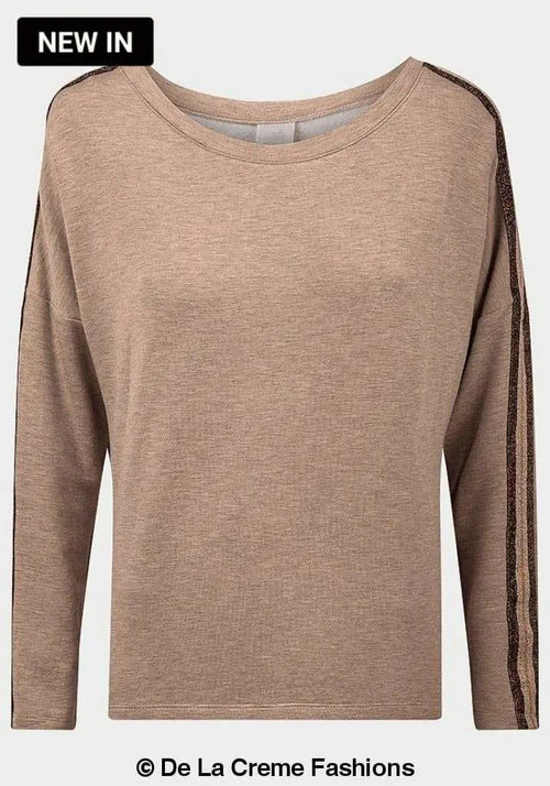 Front view of a camel long sleeve top featuring glitter side stripes and a relaxed fit, perfect for casual chic style from De La Creme Fashions.