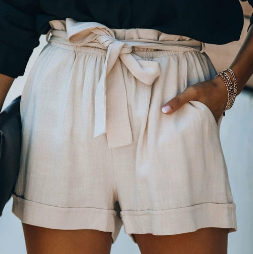 Cotton Pocketed Paper Bag Waist Shorts