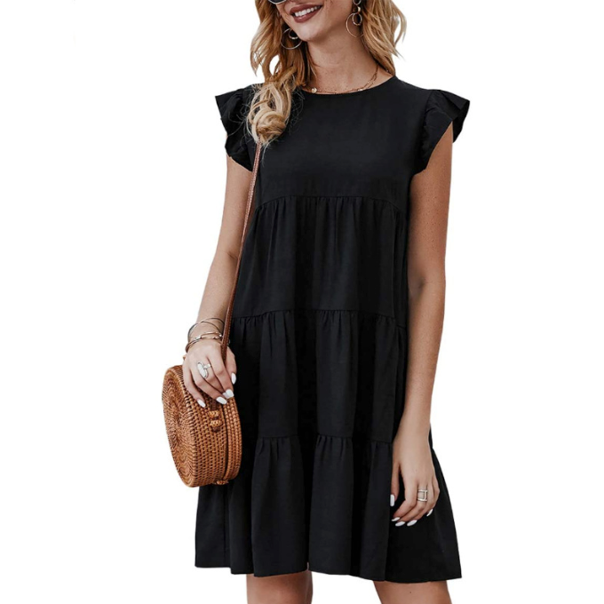 Flowy Cap Sleeve Shift Dress – Round Neck, Tiered Design (S–L)