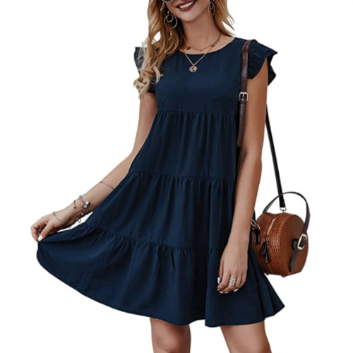 Flowy Cap Sleeve Shift Dress – Round Neck, Tiered Design (S–L)