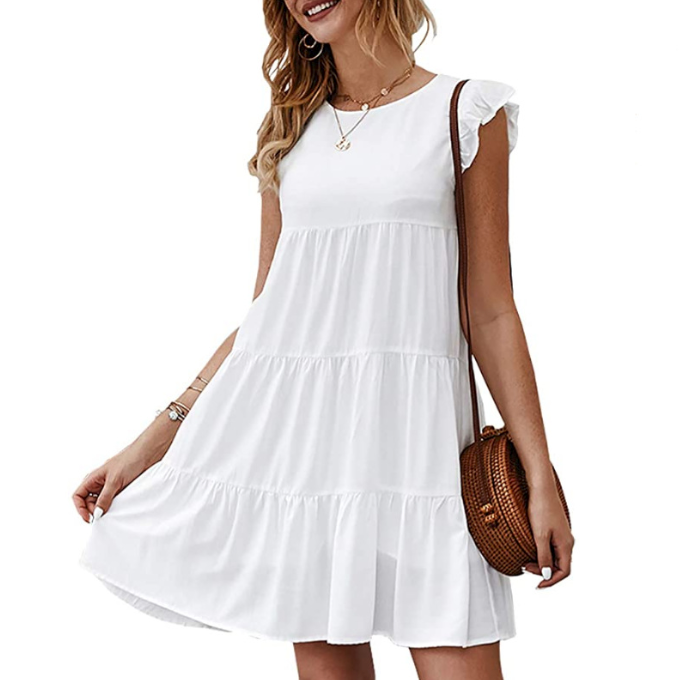 Flowy Cap Sleeve Shift Dress – Round Neck, Tiered Design (S–L)