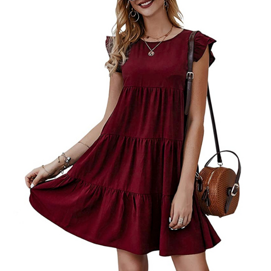 Flowy Cap Sleeve Shift Dress – Round Neck, Tiered Design (S–L)