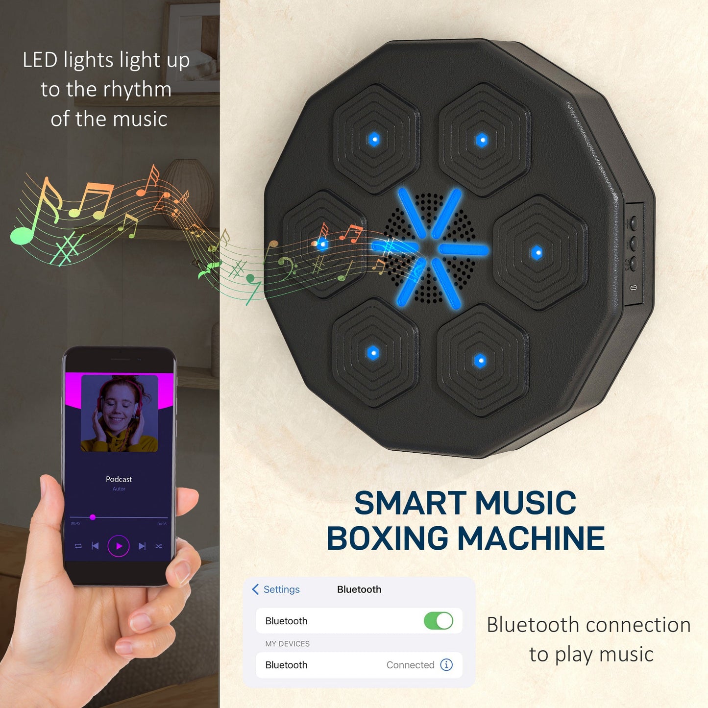 Music Boxing Machine with Bluetooth Connection and LED Light Smart, Wall Mounted for Punching Beat Boxing Training-3
