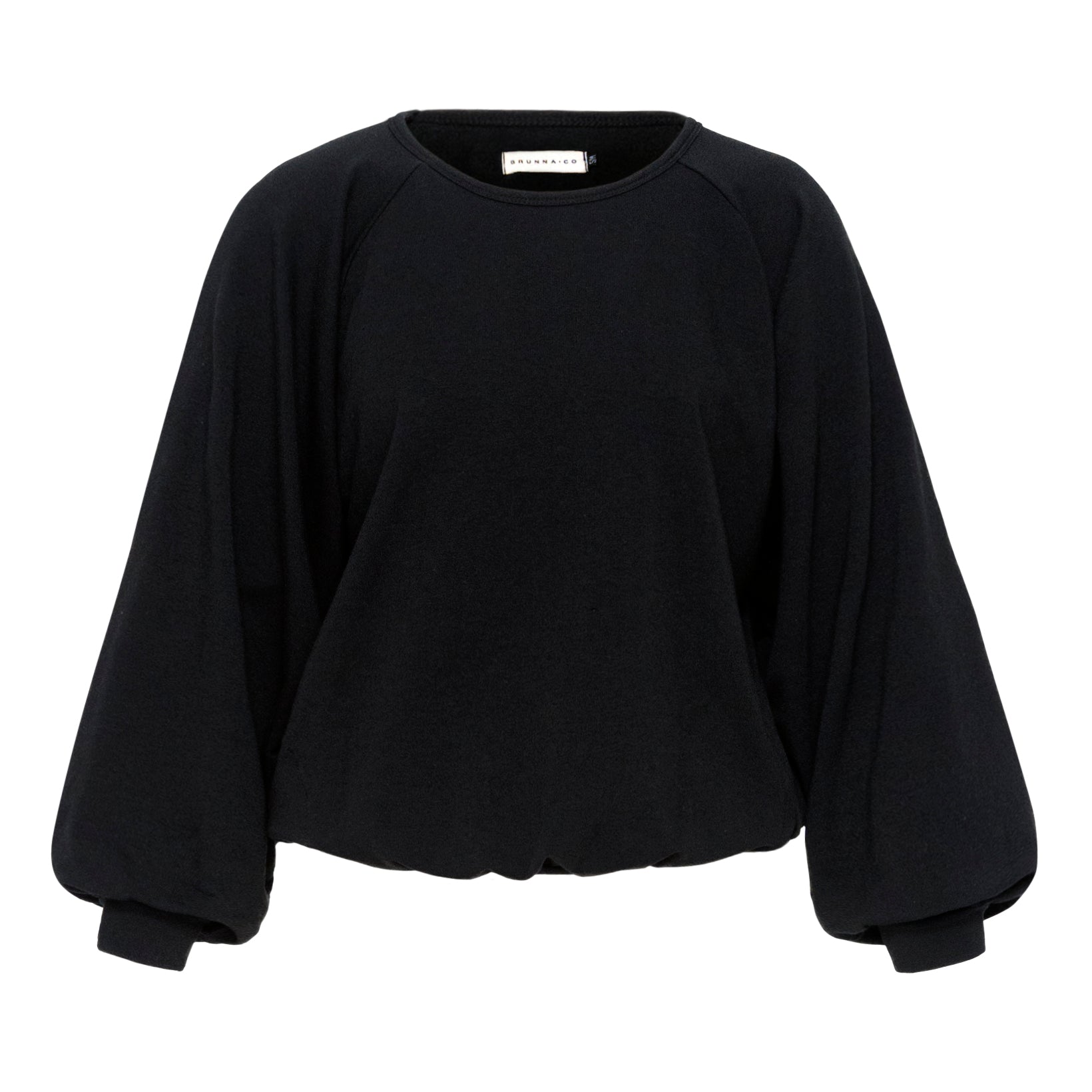 Flat lay of a black long-sleeve sweatshirt with balloon sleeves and a slightly cropped, gathered hem, displayed against a white background.