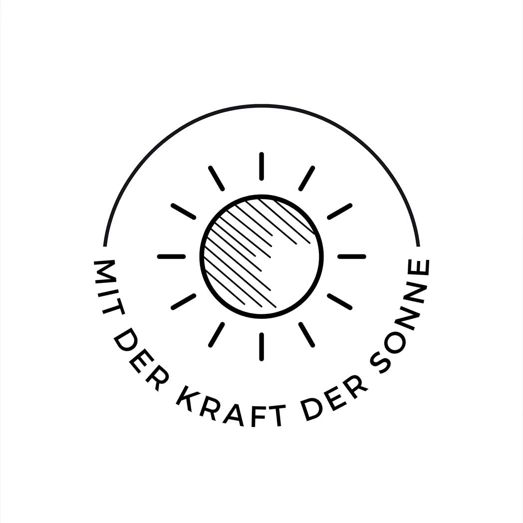 Minimalist sun icon with German text "Mit der Kraft der Sonne," meaning "With the power of the sun," symbolizing solar energy.