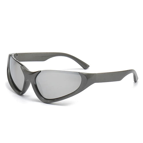 Dark grey wraparound sunglasses with reflective lenses, featuring a sleek, aerodynamic design and wide temples, photographed on a white background.