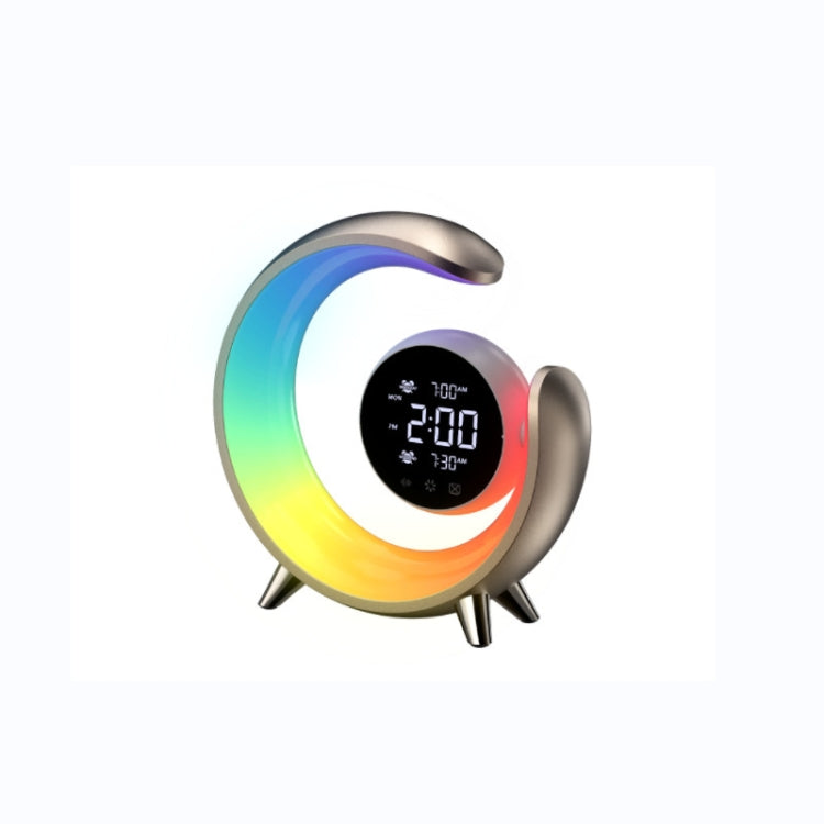 Colorful crescent moon-shaped LED alarm clock with digital display, weather forecast, dual alarms, and rainbow ambient lighting – ideal for modern bedroom or home office decor.