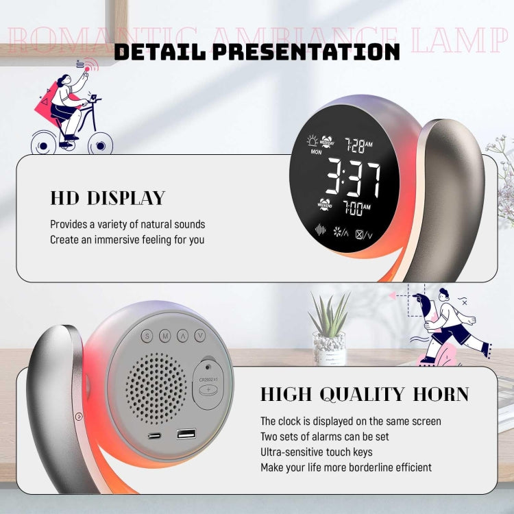 Detail view of crescent-shaped LED digital alarm clock with HD display, natural sound options, dual alarm settings, USB ports, and high-quality speaker for immersive sleep and wake-up experience.