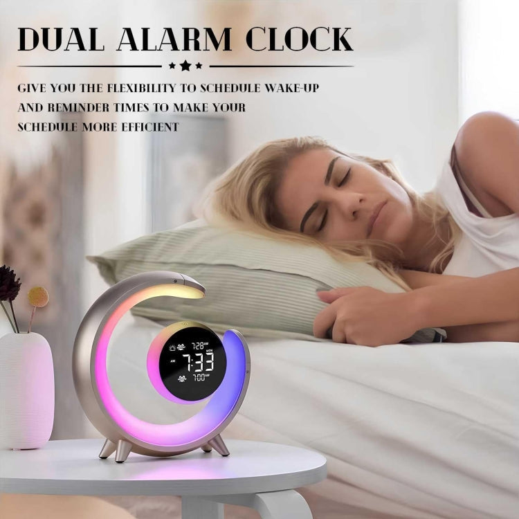 Woman sleeping peacefully next to a crescent moon-shaped dual alarm clock with ambient LED light and digital display, ideal for smart home bedroom décor and efficient wake-up scheduling.