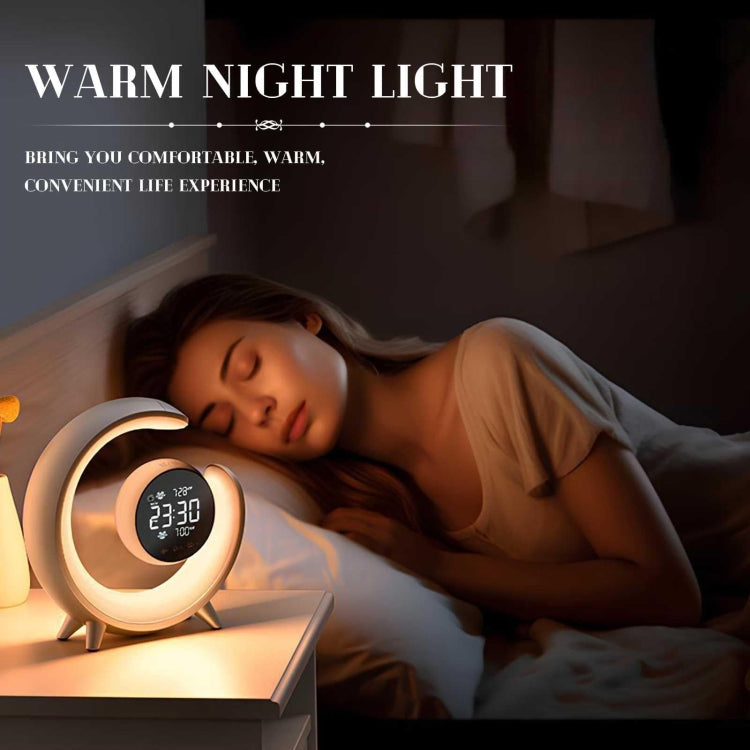 Woman sleeping peacefully beside a crescent-shaped LED digital alarm clock with warm night light, perfect for cozy bedroom ambiance and modern sleep routines."