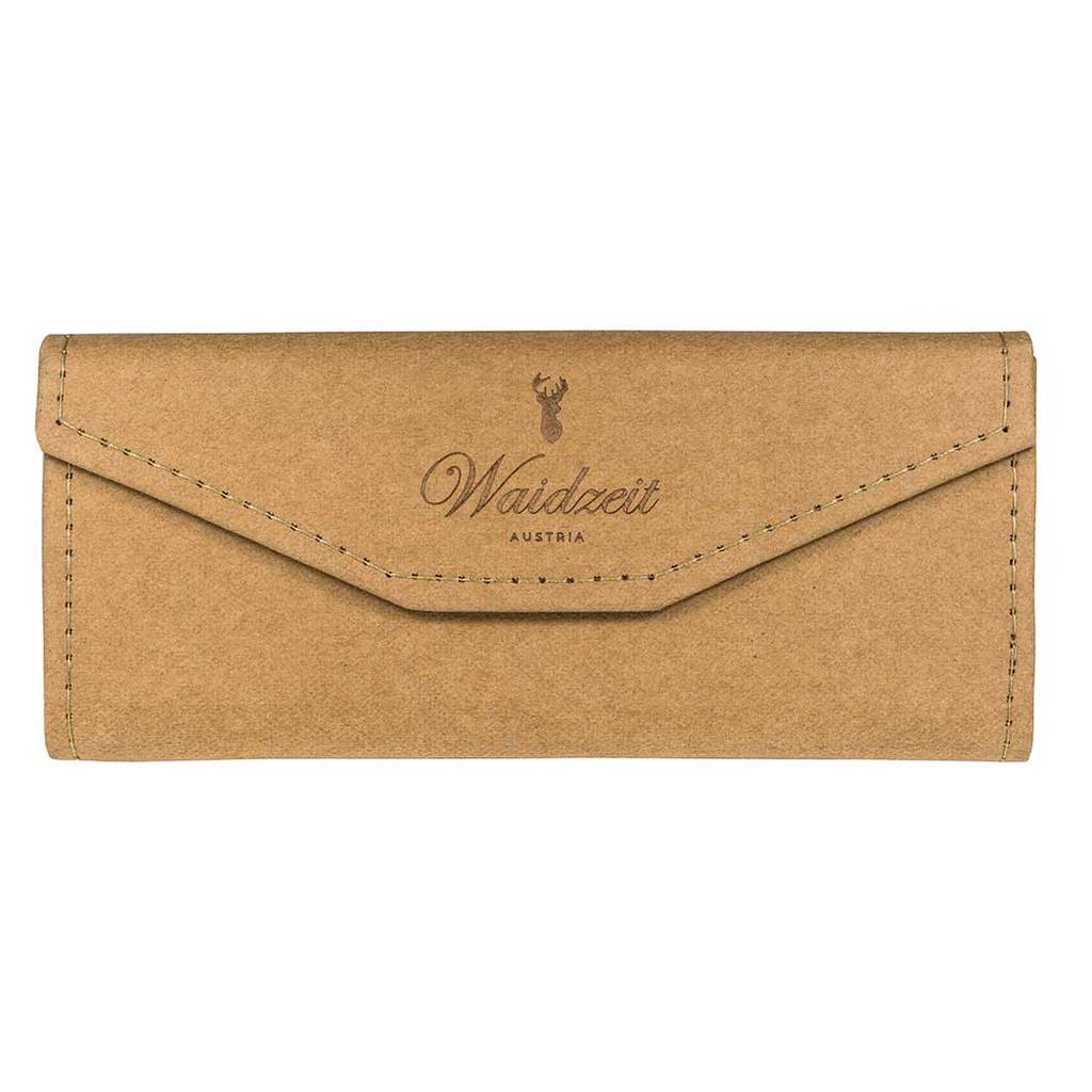 Eco-friendly Waidzeit Austria sunglasses case made from natural tan material with stitched detailing and embossed logo.