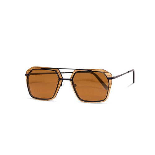 Waidzeit wooden-framed aviator sunglasses with amber lenses and slim black temples, displayed on a white background.