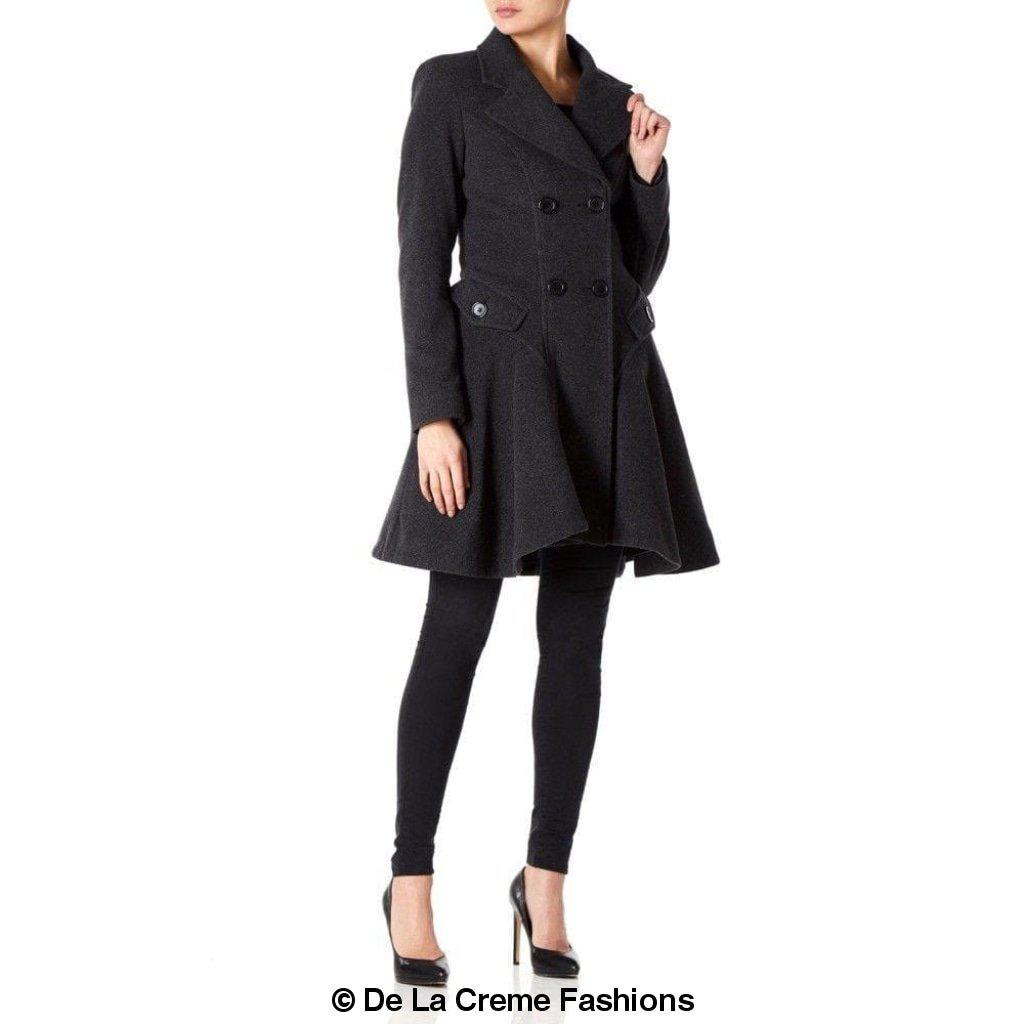 Women's charcoal grey fit and flare winter coat by De La Creme Fashions – double-breasted wool blend with flared hem, wide lapel collar, and flap pocketsWomen's charcoal grey fit and flare winter coat by De La Creme Fashions – double-breasted wool blend with flared hem, wide lapel collar, and flap pockets
