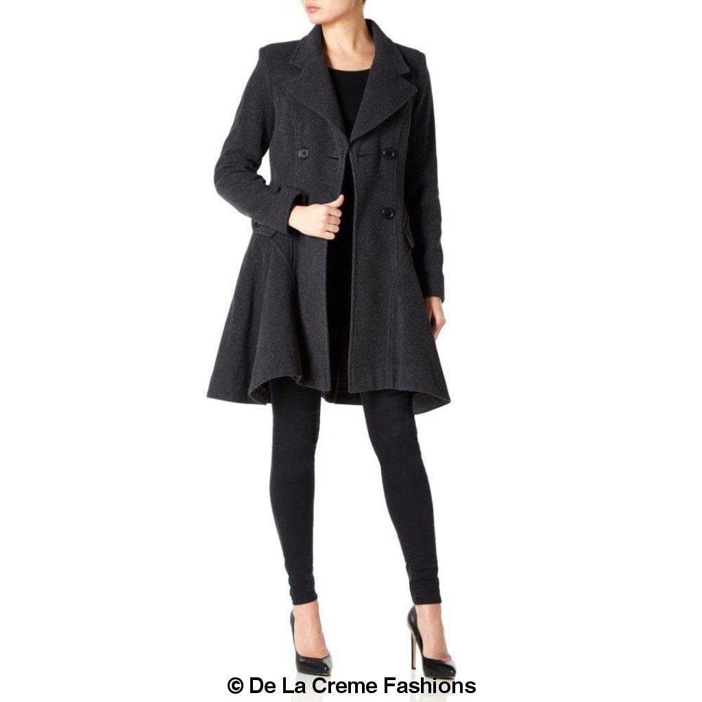 Women's charcoal grey wool blend winter coat by De La Creme Fashions – flared fit and flare trench with double-breasted button front, notched collar, and tailored waistline