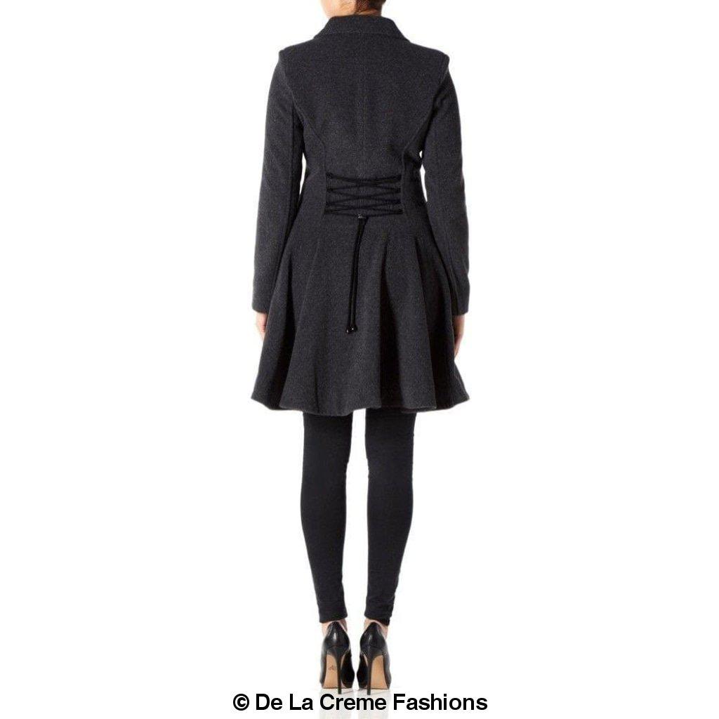 Back view of women's charcoal grey fit and flare wool blend winter coat – lace-up corset detail, flared hem, and tailored silhouette by De La Creme Fashions