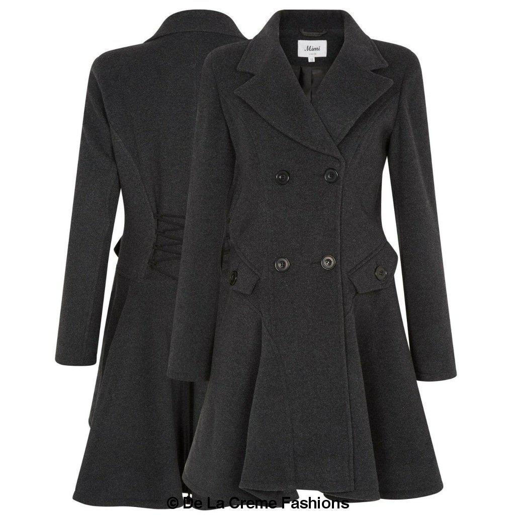 Charcoal grey women's fit and flare double-breasted wool coat by De La Creme Fashions – front and back view showing tailored silhouette, wide lapel collar, and lace-up corset back detail