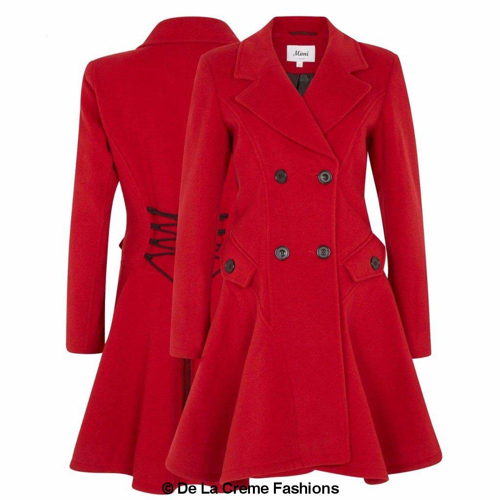 Women's red fit-and-flare wool coat by De La Creme Fashions – double-breasted front with notched lapels, flared hem, flap pockets, and lace-up corset detail at the back for a tailored silhouette