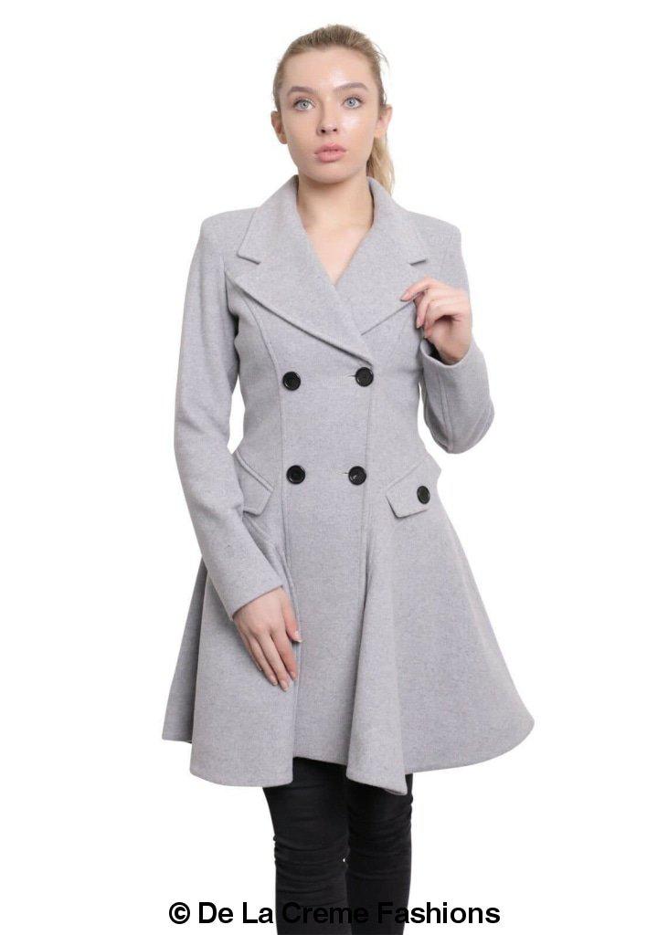 Women's light grey wool blend fit-and-flare coat by De La Creme Fashions – featuring a double-breasted design, wide notched lapels, tailored waist, and flared skirt hem with flap pockets
