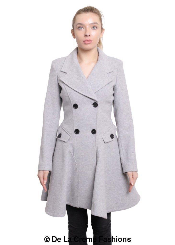 Elegant women’s light grey midi coat by De La Creme Fashions – featuring a flared hem, double-breasted front with black buttons, wide lapel collar, and tailored fit