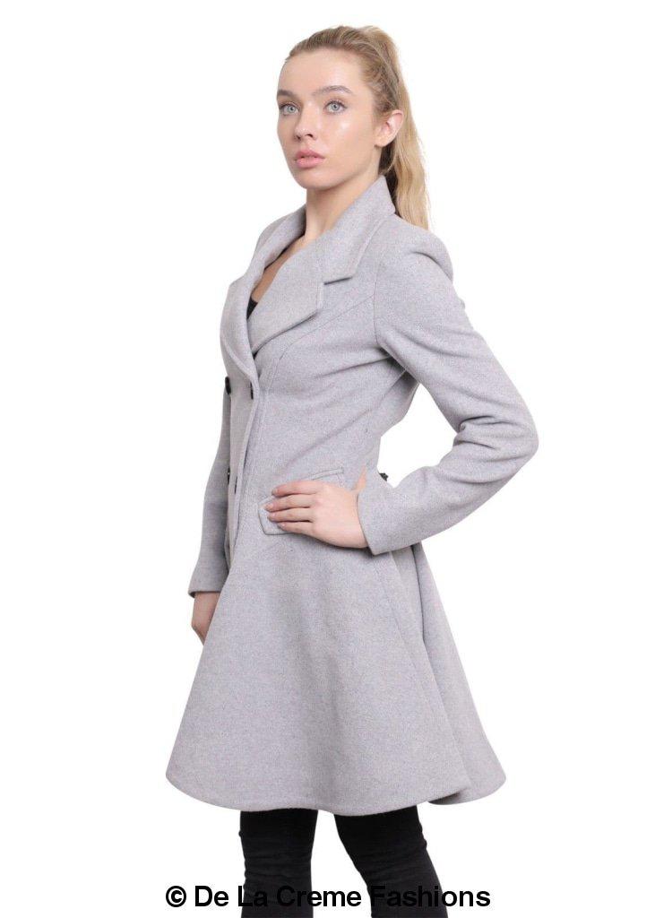 Side profile of women’s light grey skater-style wool coat by De La Creme Fashions – tailored fit with flared hem, notch lapels, and feminine silhouette