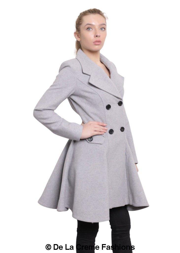 Women's light grey double-breasted fit and flare coat with flared skirt and wide lapels – elegant wool winter outerwear by De La Creme Fashions