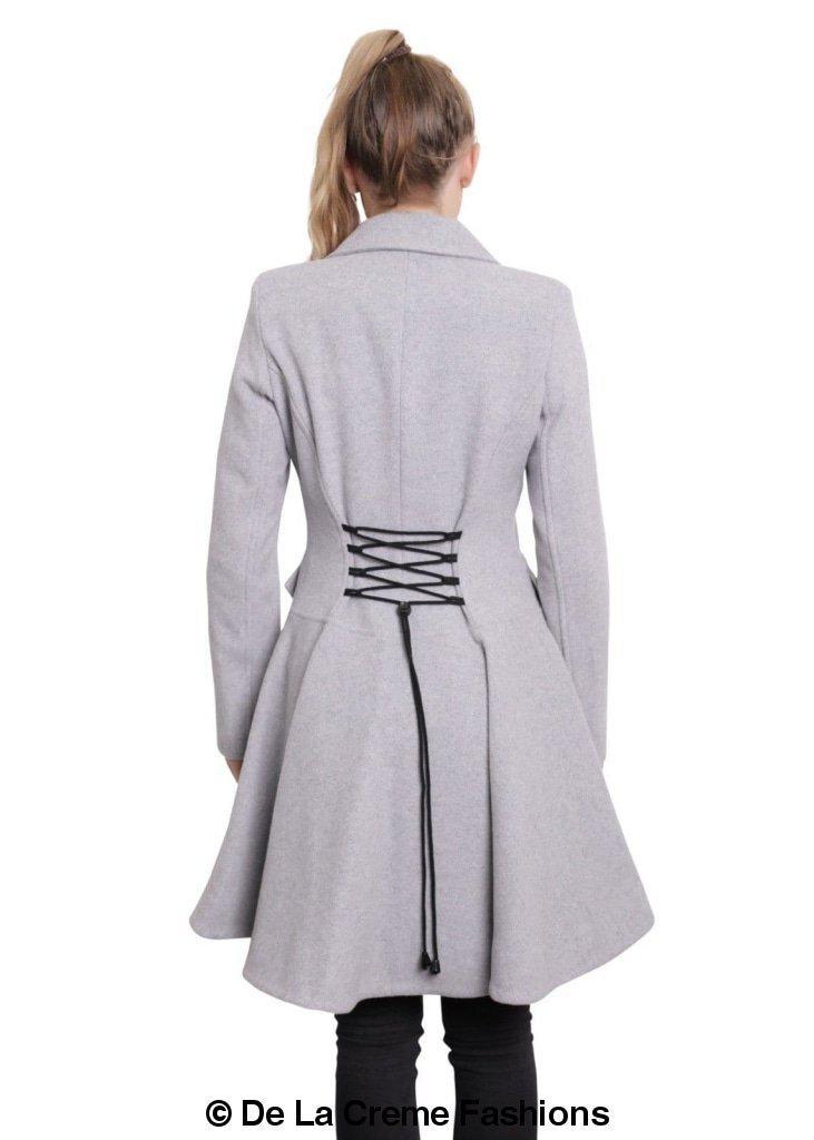 Back view of light grey fit and flare women's winter coat with black lace-up corset detailing and flared hem – elegant wool outerwear by De La Creme Fashions