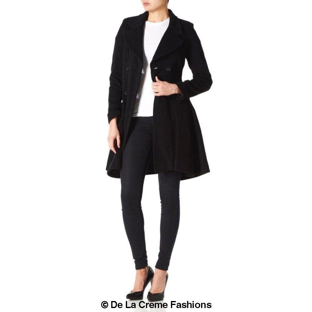 Elegant black wool coat by De La Creme Fashions – tailored women's winter outerwear with flared hem, notched lapel, and button front styling