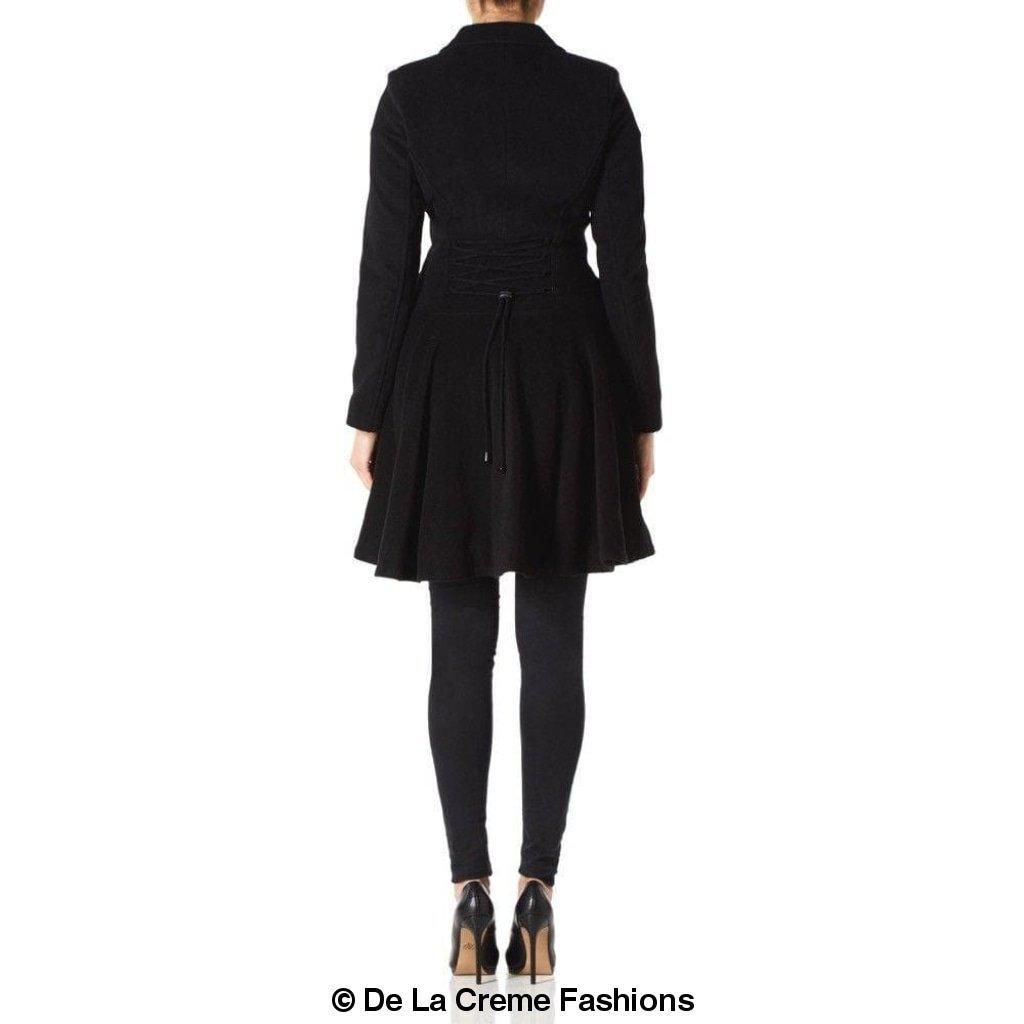 Back view of black flared wool coat for women by De La Creme Fashions – featuring adjustable waist tie and fit-and-flare silhouette