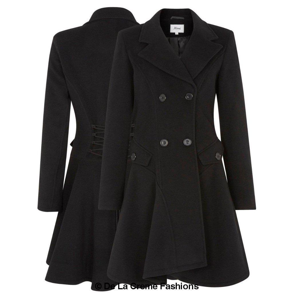 Women's black double-breasted wool blend coat by De La Creme Fashions – front and back view featuring fit-and-flare silhouette, wide lapels, and lace-up corset detail