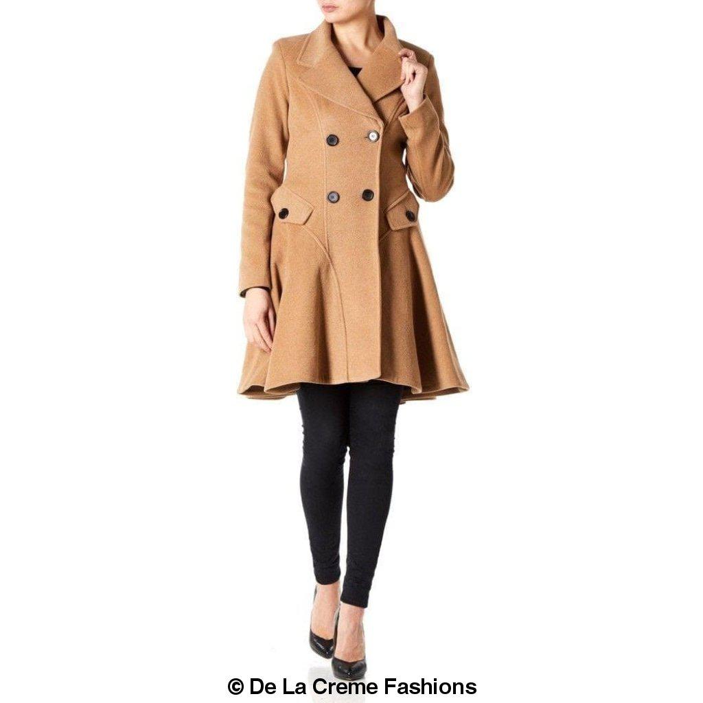Women's camel wool blend coat by De La Creme Fashions – double-breasted design with flared hem, wide lapels, and buttoned flap pockets