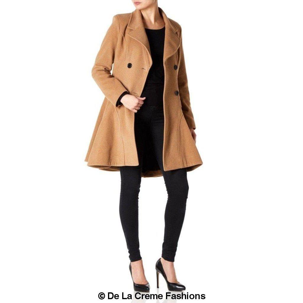 Elegant camel wool coat by De La Creme Fashions – tailored women's winter outerwear with flared hem, notched lapel, and button front styling