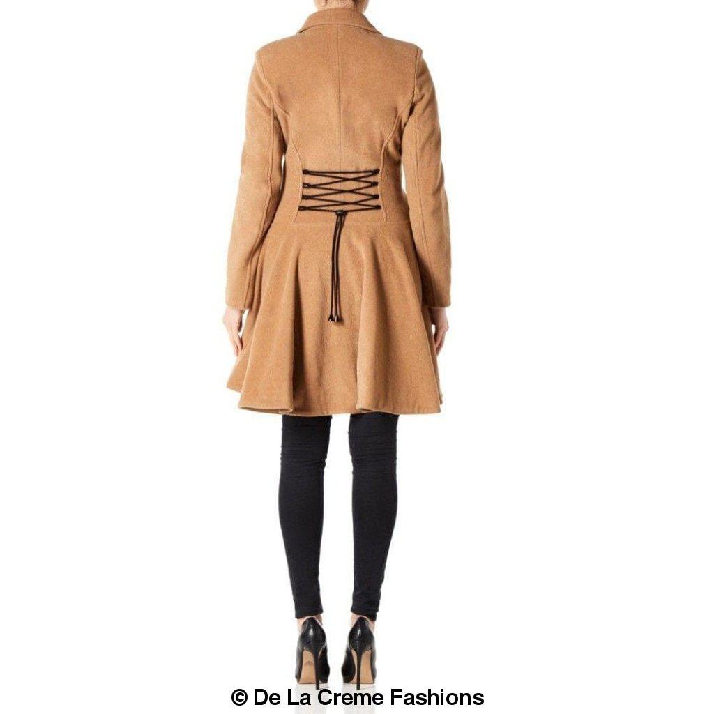 Back view of camel colour flared wool coat for women by De La Creme Fashions – featuring adjustable waist tie and fit-and-flare silhouette
