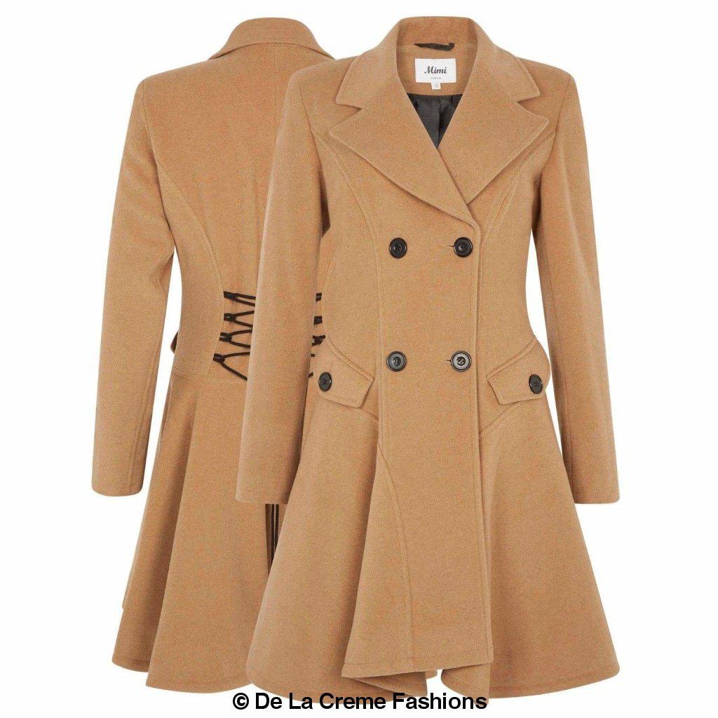 Women's camel coloured double-breasted wool blend coat by De La Creme Fashions – front and back view featuring fit-and-flare silhouette, wide lapels, and lace-up corset detail